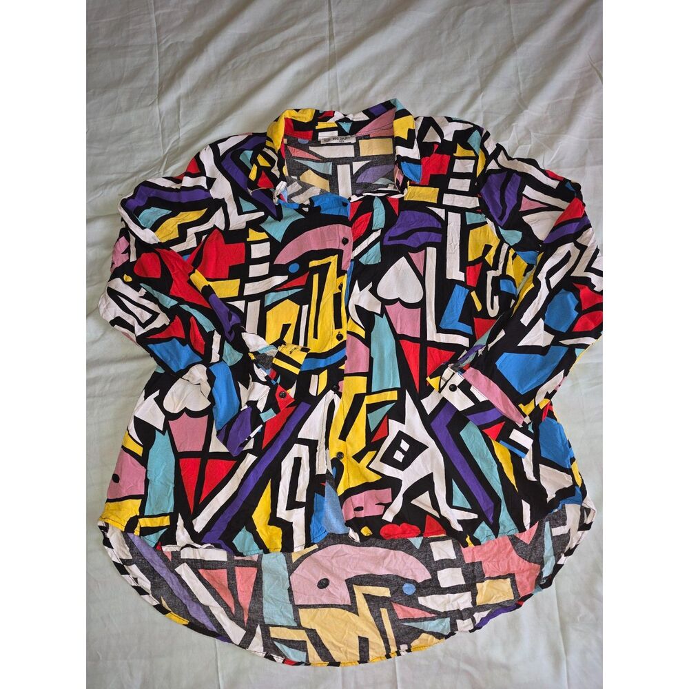 Big Dart Blouse 3XL Retro Memphis Geometric Abstract Multicolor Viscose Button